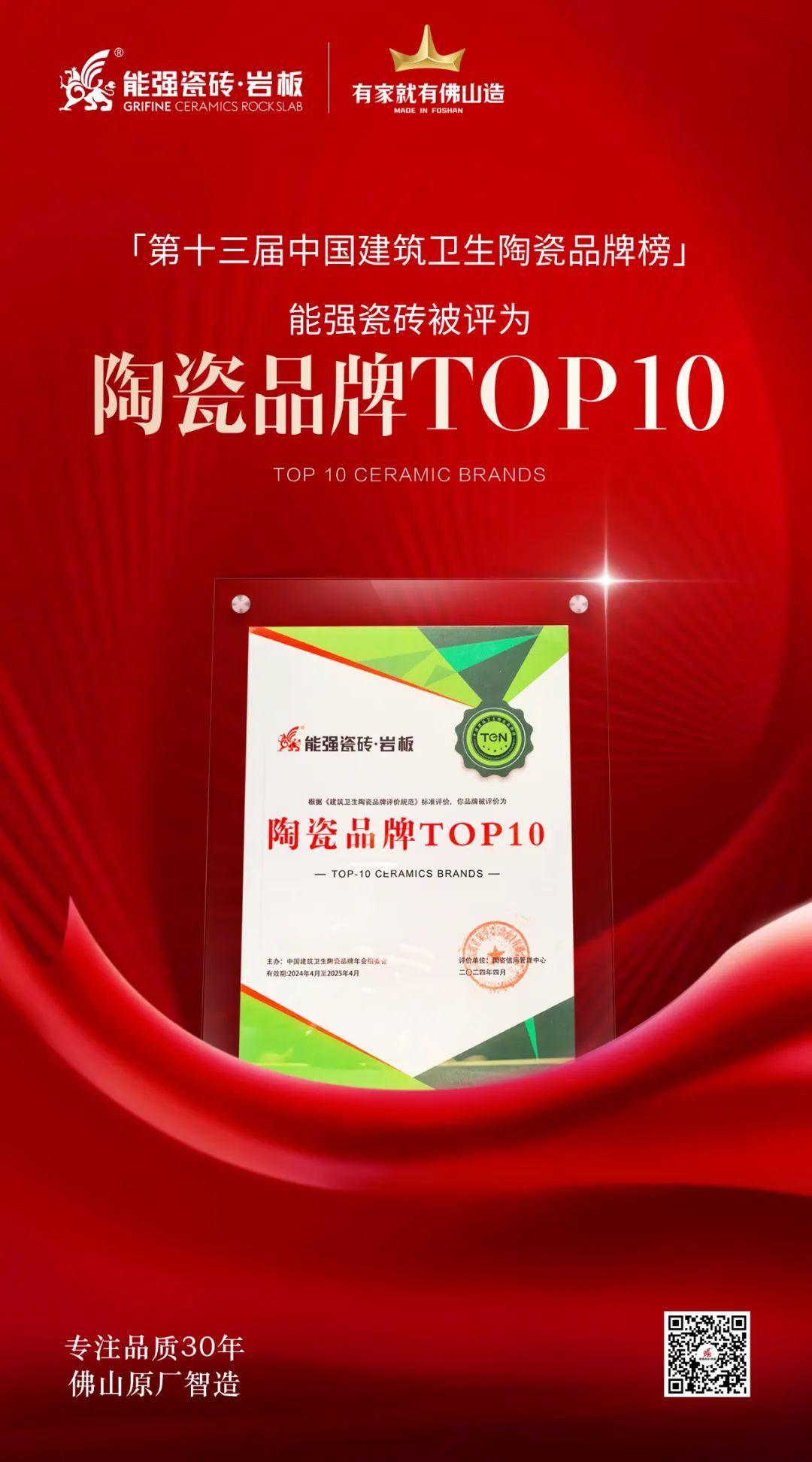 匠心榮耀丨能強(qiáng)瓷磚斬獲“陶瓷品牌TOP10”殊榮！